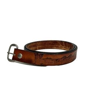 Men's Tooled Leather Belt Brown Equestrian Horse Western Cowboy Farm Buckle
